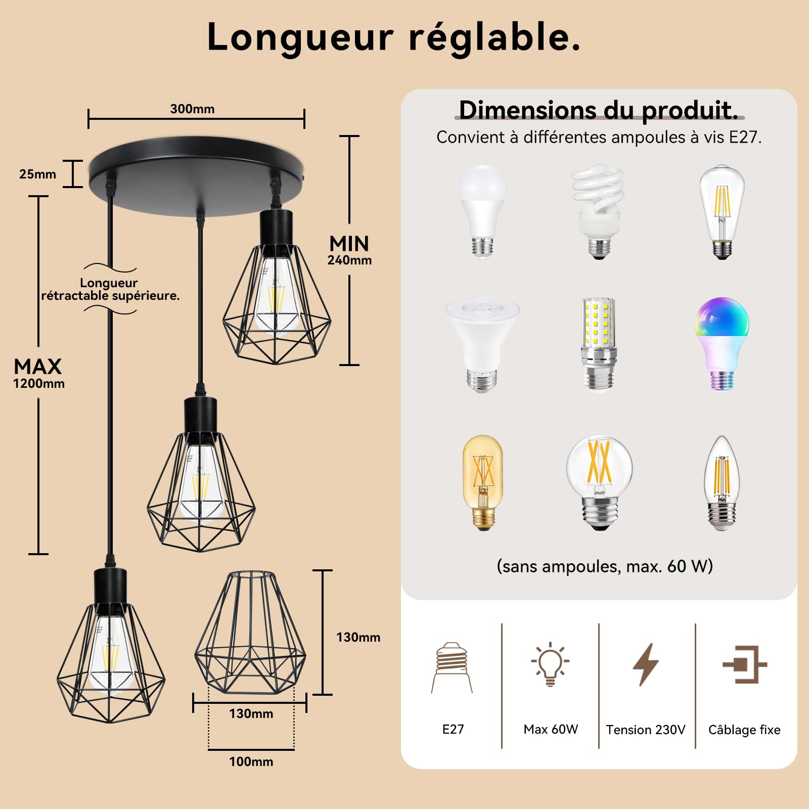 HiBay Suspension luminaire,Luminaire Industrielle Plafonnier 3 Lampes E27 Plafonnier Luminaire Design Métal Cage pour Restaurant Salon Chambre Cuisine Bar Couloir (sans ampoule)