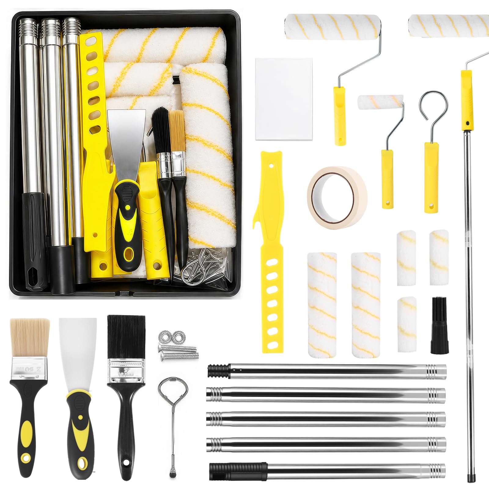 Paint Roller and Tray Set with 1.5m Extension Pole & 9 Inch + 4 Inch Roller