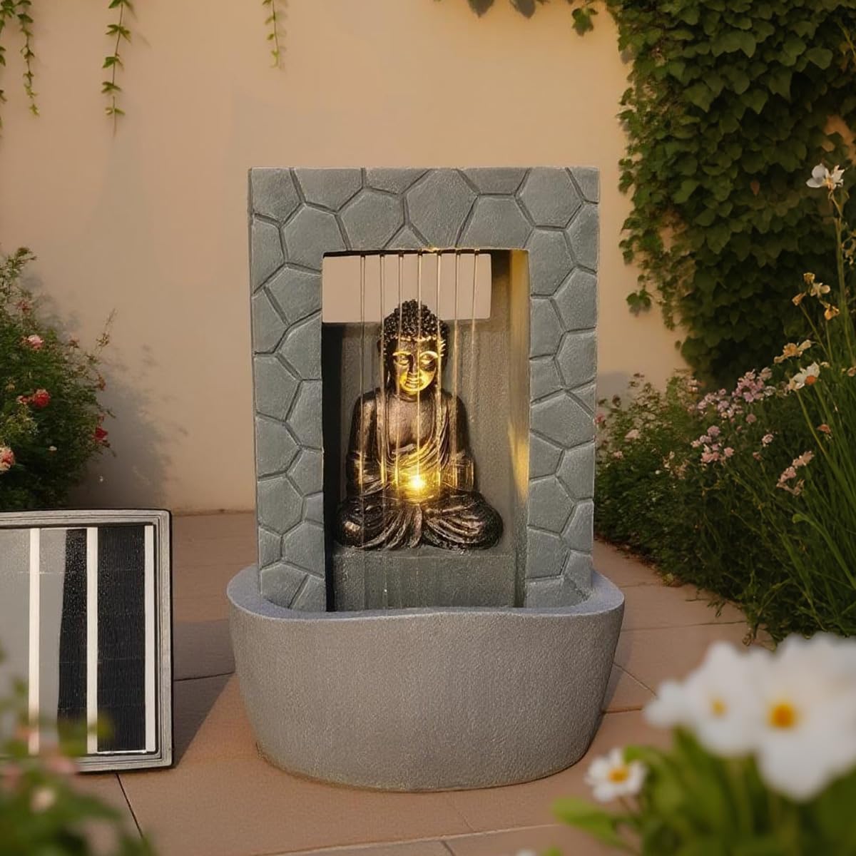 Festive Lights Fontaine solaire LED Bouddha - Gris - Aspect pierre - Fonctionnement solaire et USB - Pour l'intérieur et l'extérieur - 43 cm