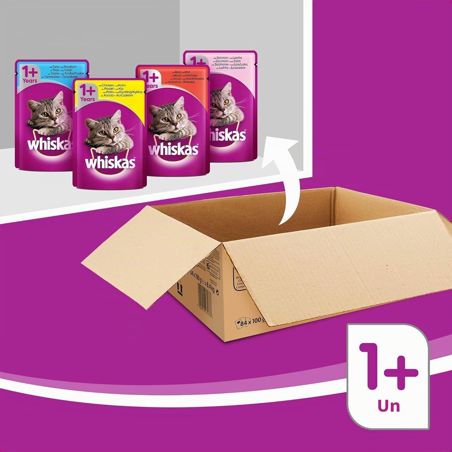WHISKAS Repas pour Chat - 84 Sachets Fraîcheur 100g - Pâtée en Gelée - Poulet / Saumon / Boeuf / Thon - Nourriture Complète & Equilibrée avec des Ingrédients Naturels, Adapté Stérilisé