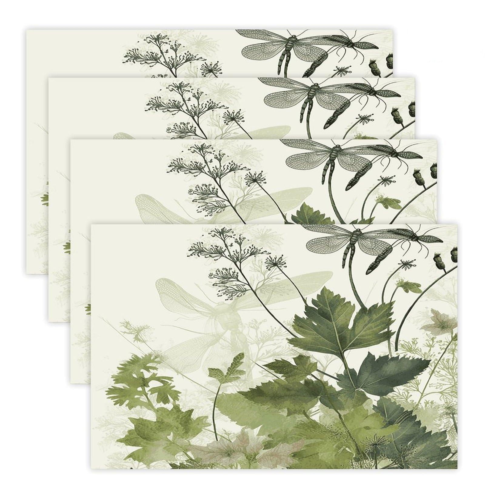 Foliage and Herbs with Dragonflies Winged Placemats Heat-Resistant Washable Place Mats Anti Slip Dining Table Place Mats Wipeable Dining Table Mats Kitchen Decoration Placemats 17.7’’×11.8’’