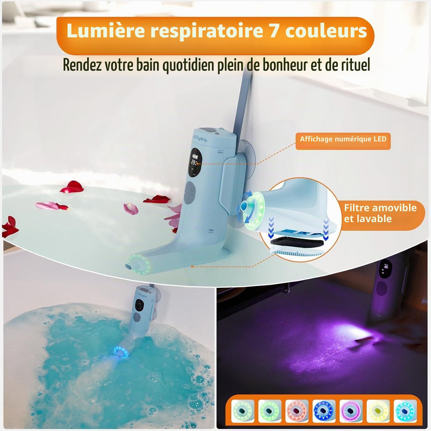 Jets de Bain pour Baignoire, Mode Jet de Bain/Bulle, Accessoires de Baignoire Portables sans Fil avec 3 Niveaux de Vitesse réglables pour se détendre au Quotidien à la Maison (Bleu)
