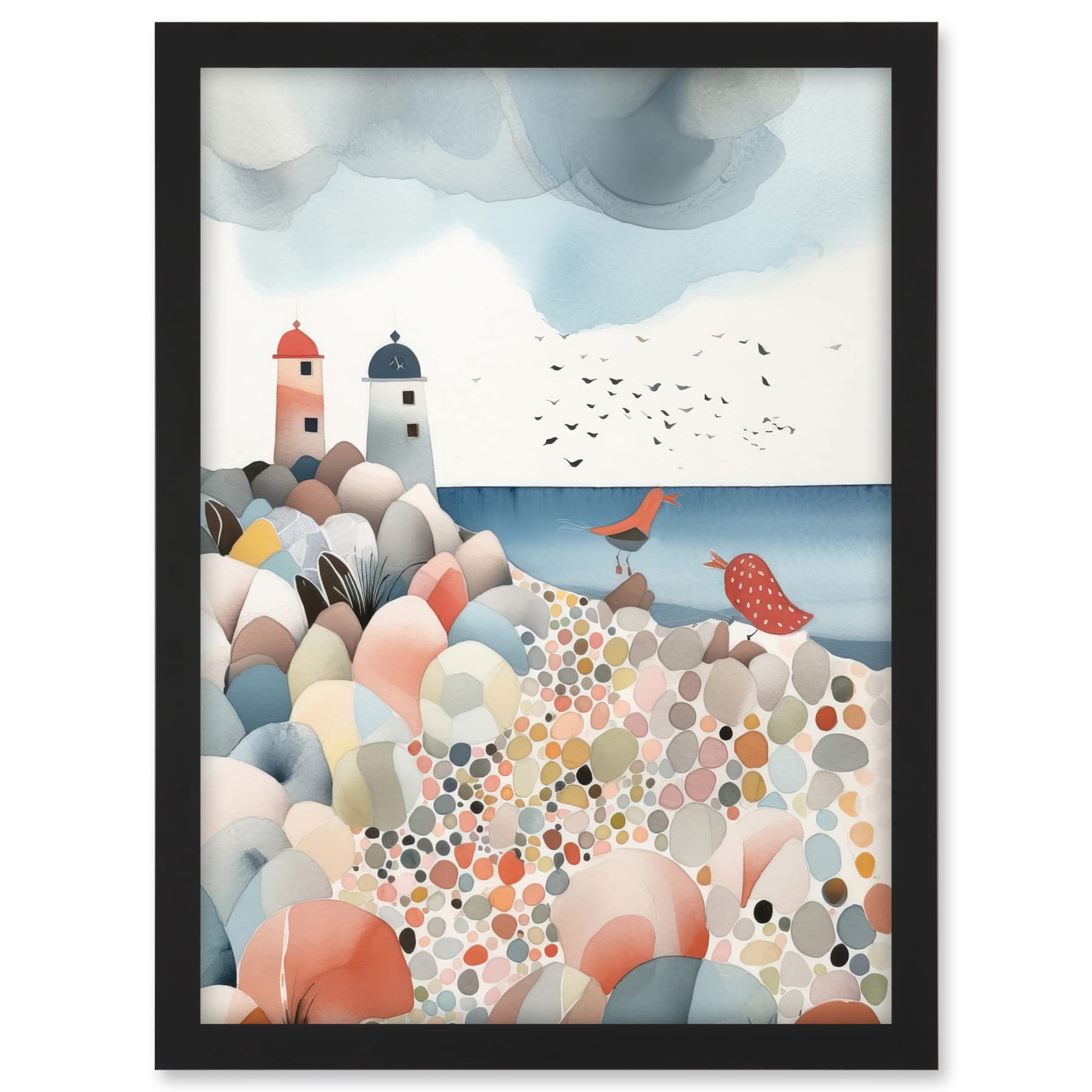 Artery8 Lighthouses On Multicoloured Pebble Beach Watercolour Painting Artwork Framed A3 Wall Art Print