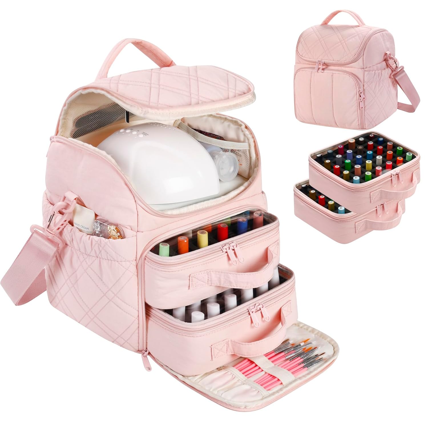 FCQQYWZ Nail Polish Organizer with 2 Detachable Cases Hold 60 Bottles & Nail Lamp, Portable Nail Organizers and Storage with Handle & Shoulder Strap, Travel Nail Bag for Manicure Tools