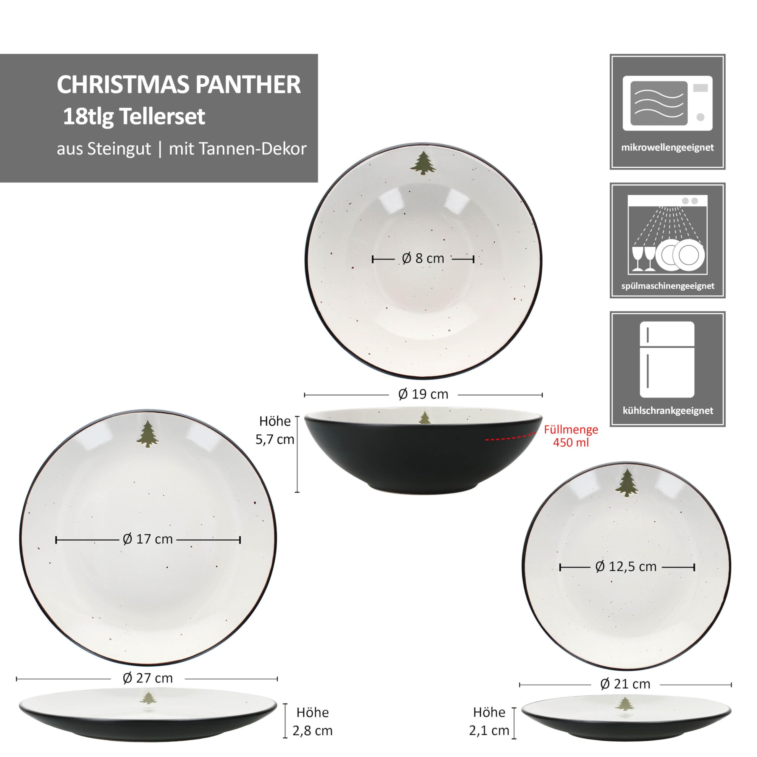 18tlg Tellerset Christmas Panther I Geschirr-Set aus Steingut I Creme mit Tanne & matt schwarzer Unterseite I je 6x Kuchenteller, 6x Suppenteller & 6x Speiseteller I Weihnachten