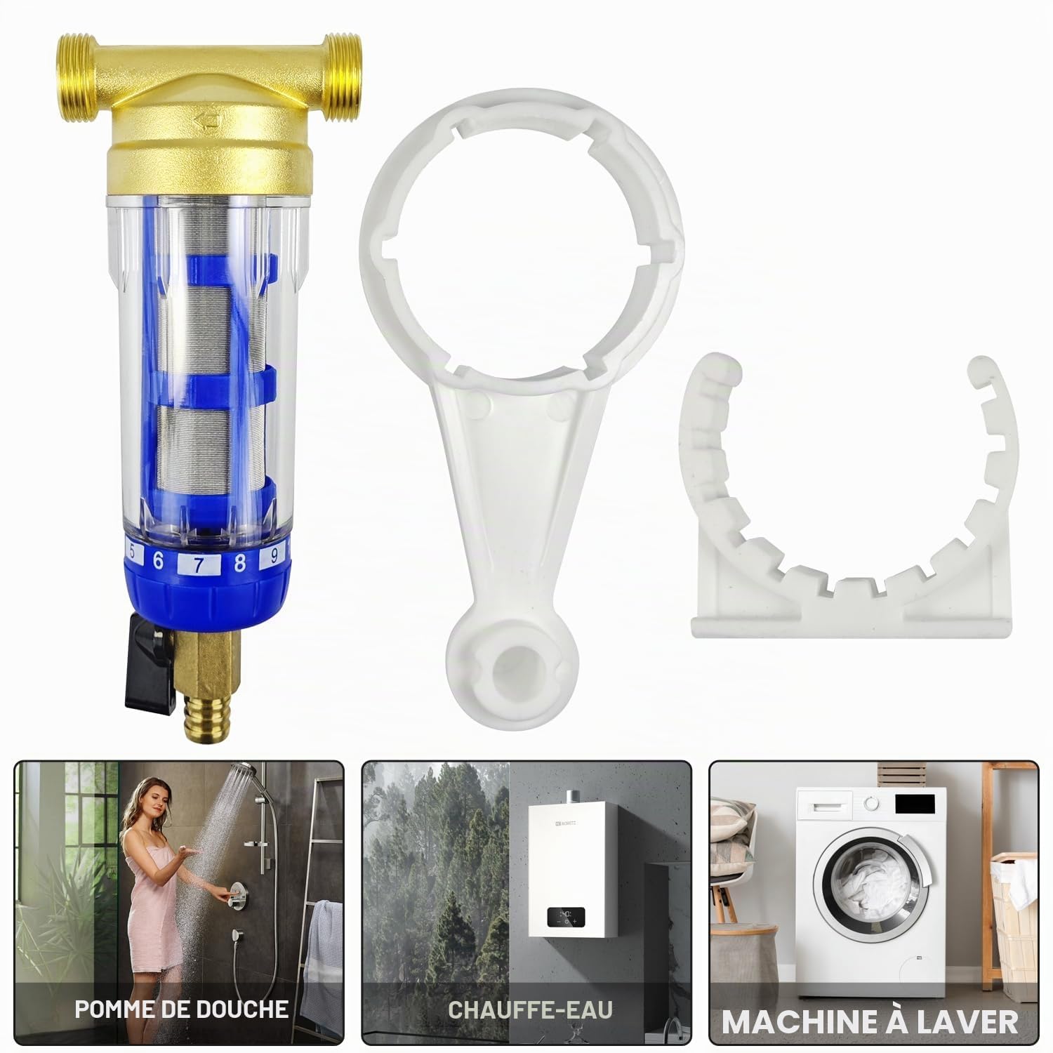 Filtre a Eau de Lavage à Contre-Courant, Acier Inoxydable Filtre Eau Réutilisable, Filtre à Eau du Robinet pour Tuyau D'eau de Puits, Filtre à Sédiments (Filetage MâLe 3/4") (Bleu)