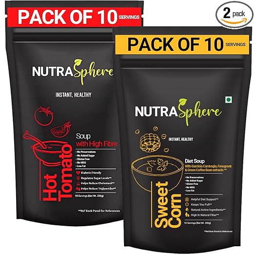 Tomato, Diet Sweet Corn Soup Packets Combo. High Fibre For Weight Management (Instant, Preservative Free, Sugarfree, No MSG, Diabetic Friendly)- 10 Sachets Each