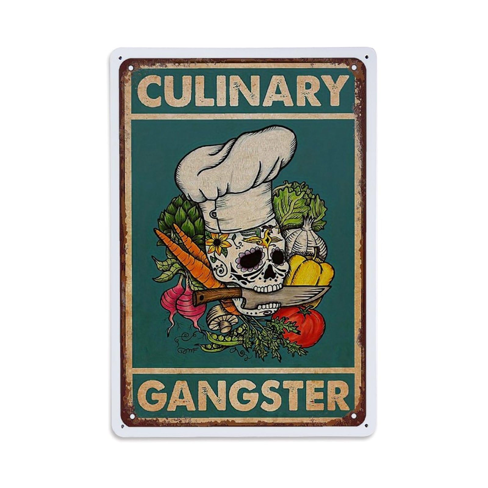 Jdfenggu Vintage Skull Chef Vegetables Knife Art Retro Metal Tin Sign, Decor Art Poster For Bar, Home, Man Cave, Kitchen, Laundry Room Gift 8X12inch