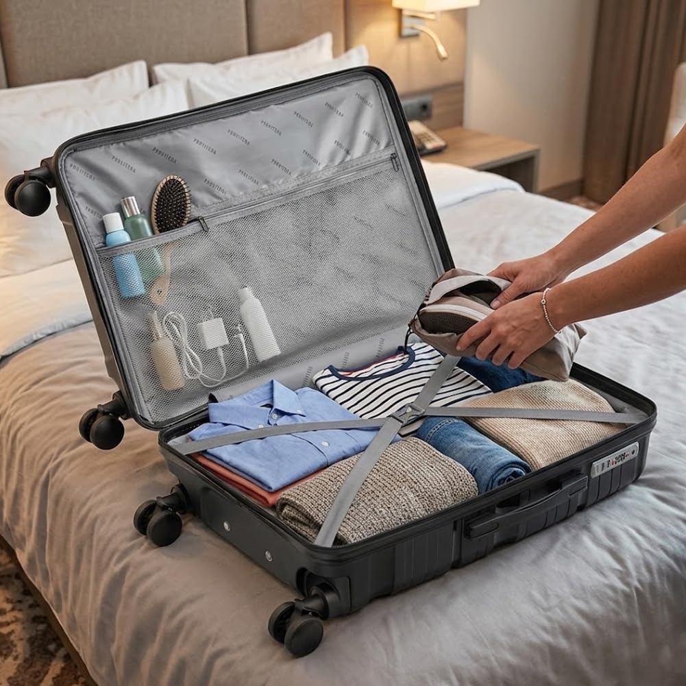 Set 4 Valigie Rigide con Beauty Case in Polipropilene Ultra Resistente agli Urti, Trolley Manico Telescopico e Ruote Easy Roll, Serratura Codice Rinforzata e Design Moderno (Black)