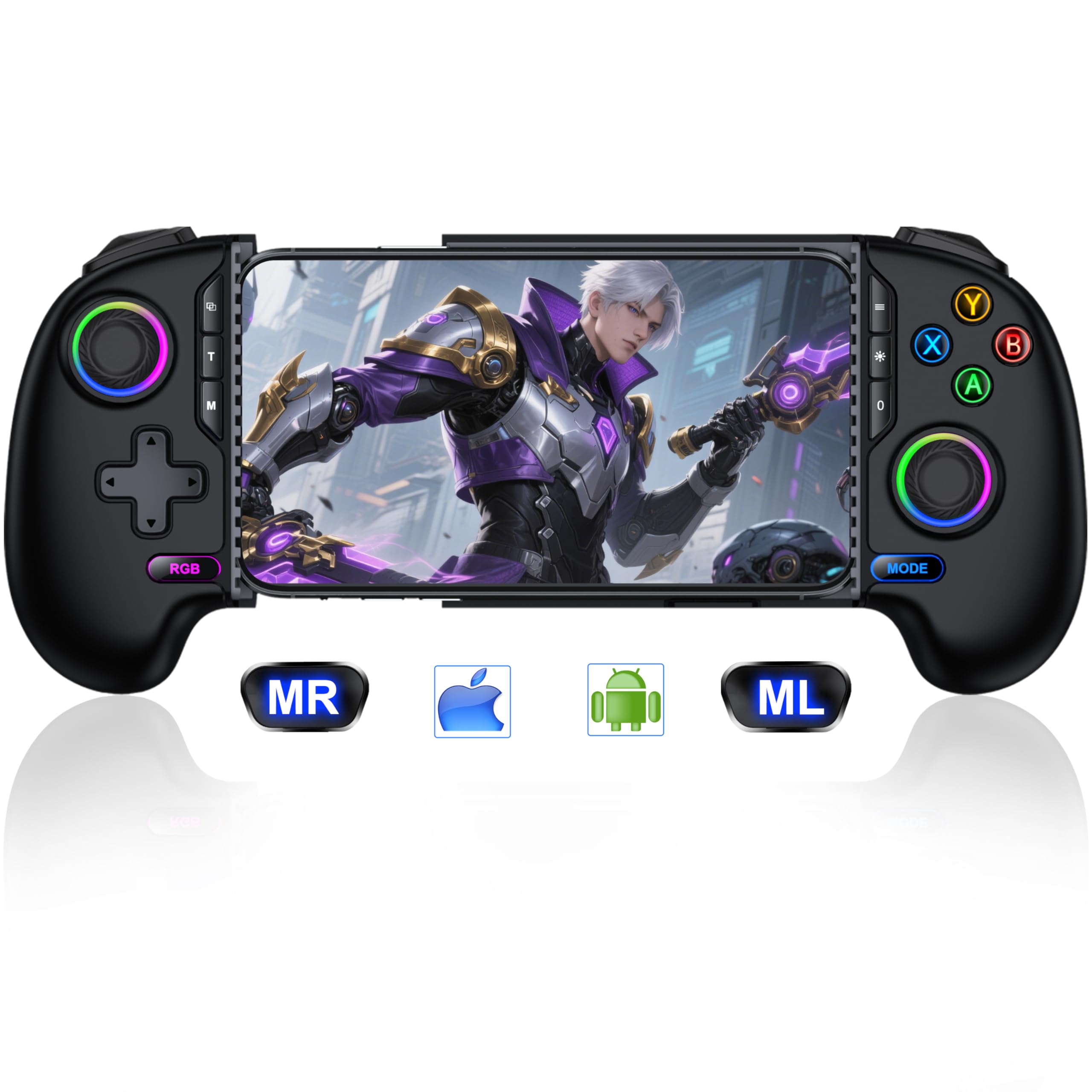 Controlador de juegos móvil inalámbrico para iPhone/Android – Convierte tu iPhone en una consola de juegos – Juega Xbox, PlayStation, Cloud Gamepad para iOS con Hall Joystick, RGB, Turbo (negro)