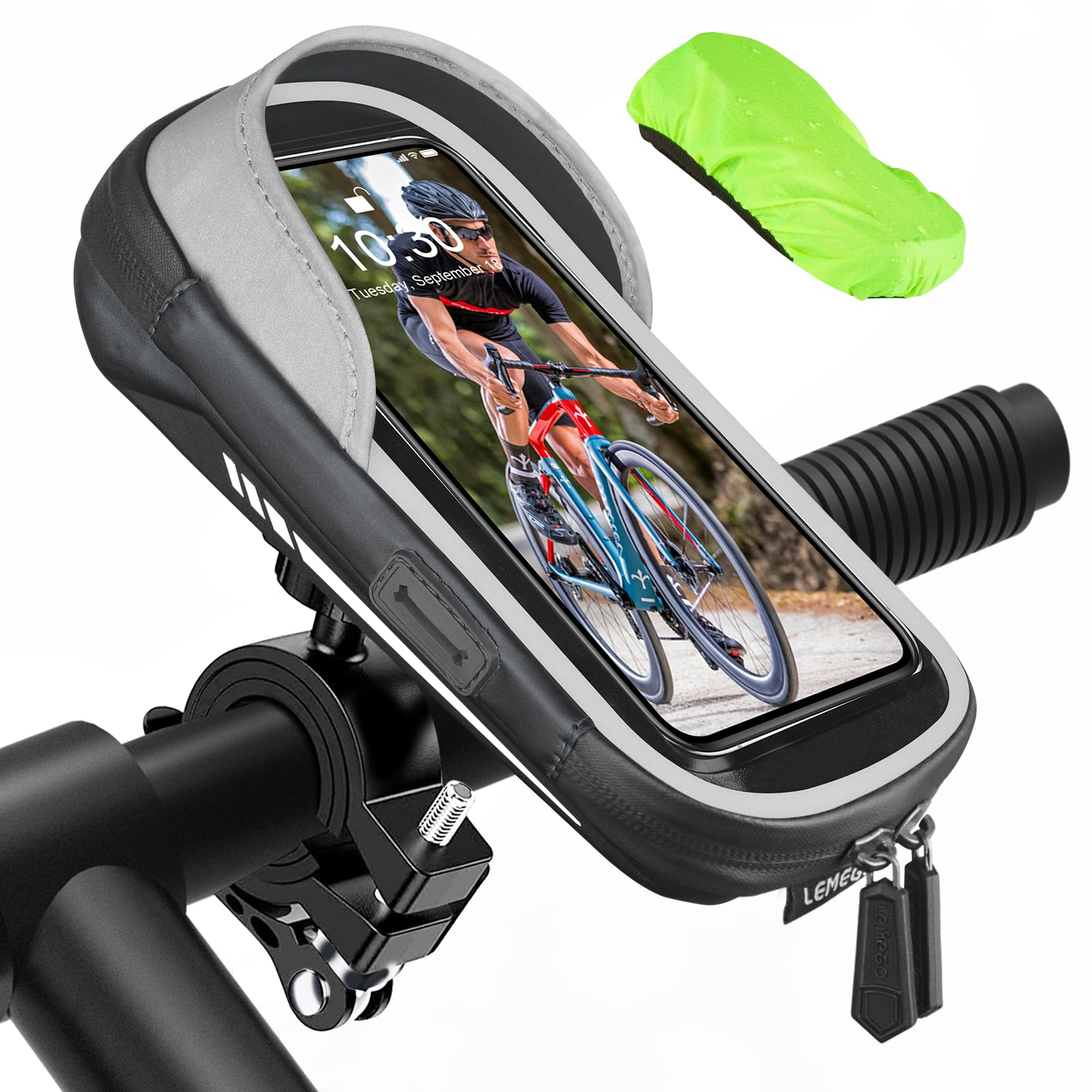 Porte Téléphone Vélo Etanche Réfléchissant avec Housse de Pluie Rotation 360, Sacoche Guidon pour Smartphone 7 Pouces