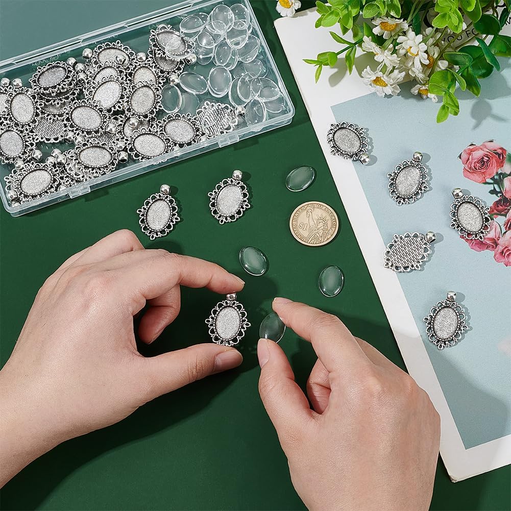 UNICRAFTALE 40 Sets Oval Blank Bezel Pendant Trays Base Vintage Tibetan Style Pendant Antique Sliver Bridal Wedding Bouquet Graduation Photo Charm with Glass Cabochons for DIY Jewelry Making 13x18mm - Image 4