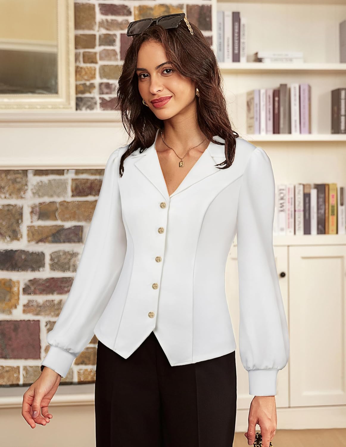 GRACE KARIN Work Shirts for Women Lantern Long Sleeve V Neck Blouse Button Down Elegant Business Office Top - Image 3