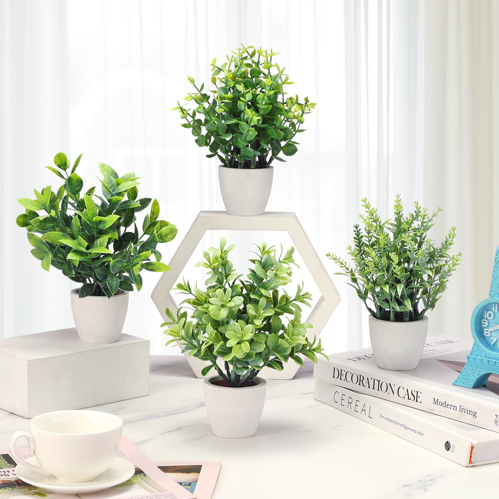 FAVOWREATH Paquete de 4 Plantas Falsas de cerámica, Mini Plantas Artificiales en Maceta para decoración del hogar, Oficina, decoración de habitación, decoración de Granja, decoración de Mesa de