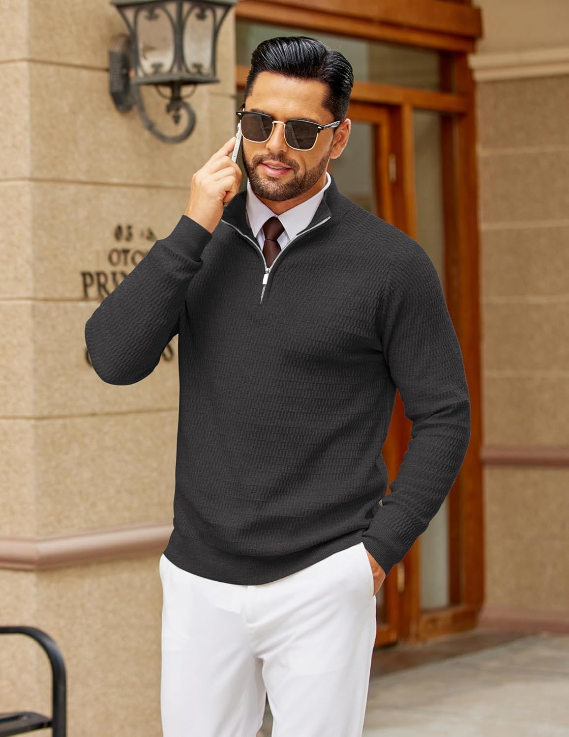 COOFANDY Men's Quarter Zip Sweater Slim Fit Lightweight Mock Neck Pullover Knit Texture Polo Sweaters - Image 4