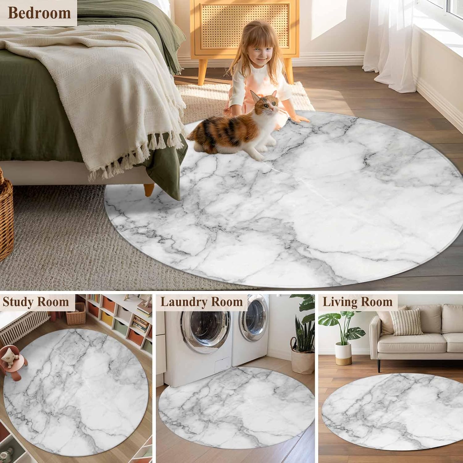 Round Area Rug 3ft Grey White Marble Floor Carpets Indoor Floor Area Mat Stain-Proof Mat Circle Rugs for Living Room Dining Room Kitchen Bedroom, Abstract Art Modern Sofa Throw Carpet