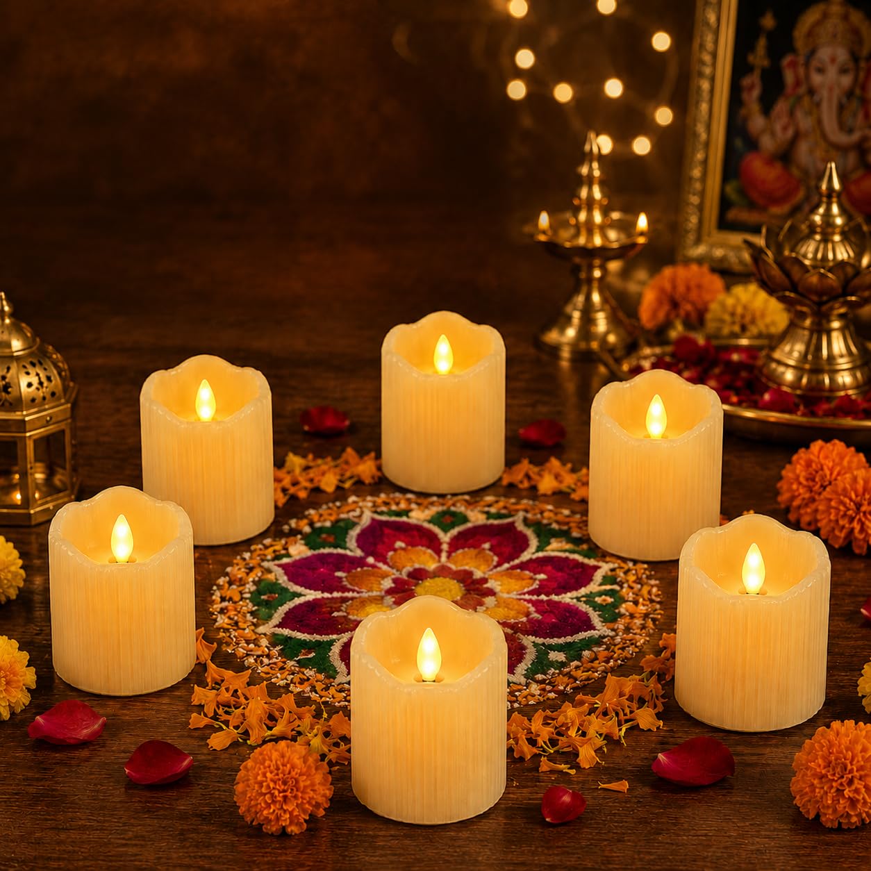 Tia Crafts Dancing Flame LED Pillar Candles, Flameless Battery Operated Decorative Lights for Diwali, Wedding, Bedroom, Balcony, Home Decor, Festival Gifting | 7 cm Cream - Set of 6