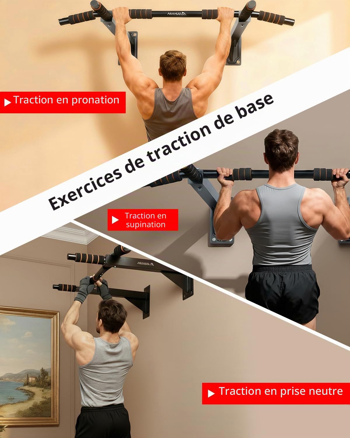 Barre de Traction Murale Fixation Lourde - Montage au Mur avec Cheville, Capacité 200 kg - Structure Renforcée et 3 Prises pour Entraînement Intensif - Noir/Orange
