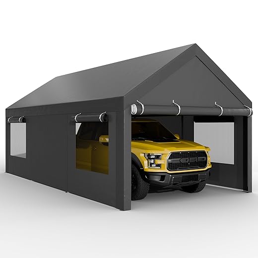 JAMFLY Carport, 10x20 ft Heavy Duty Carport with Roll-up Windows, Portable Garage with Removable Sidewalls & Doors, Car Canopy with Sandbags and All-Season Tarp for Car Boat Truck Motorcycle, Grey