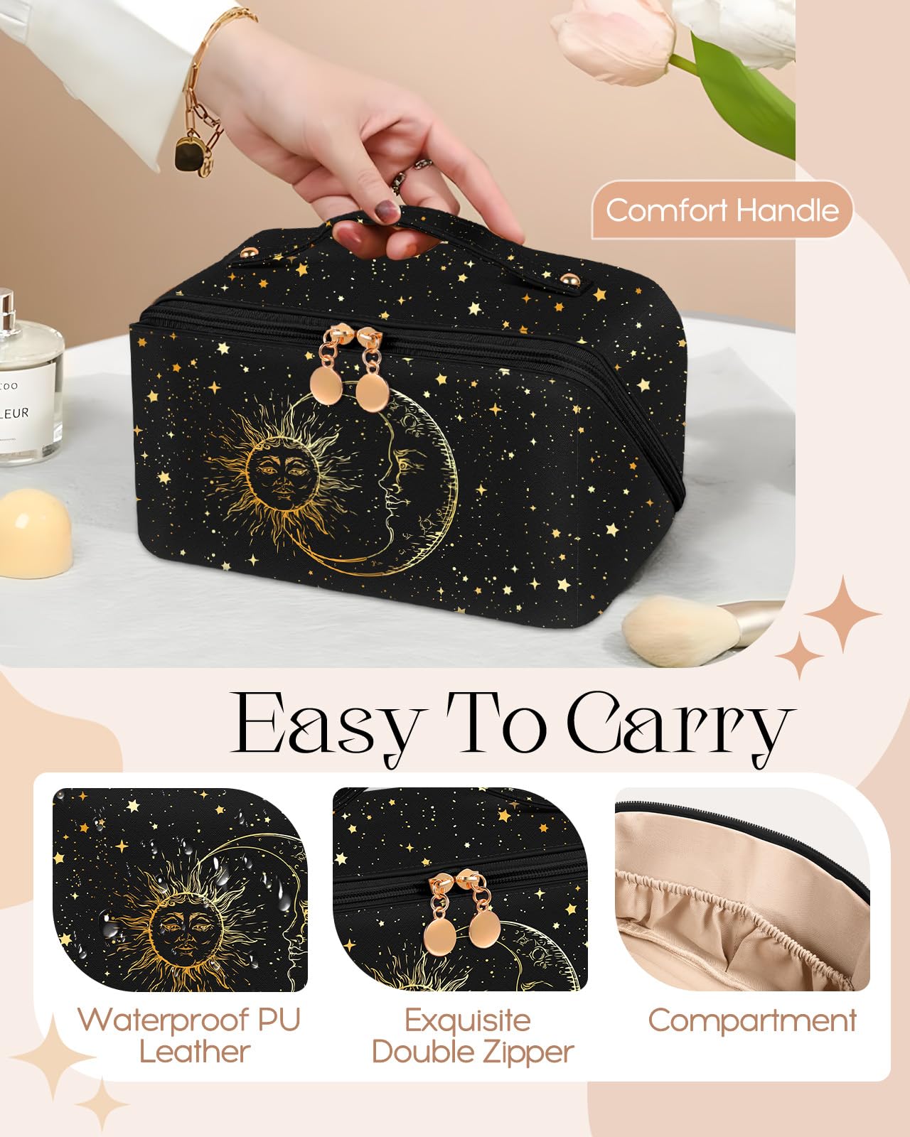 Bistup Large Travel Cosmetic Bag with Open-Flat Design