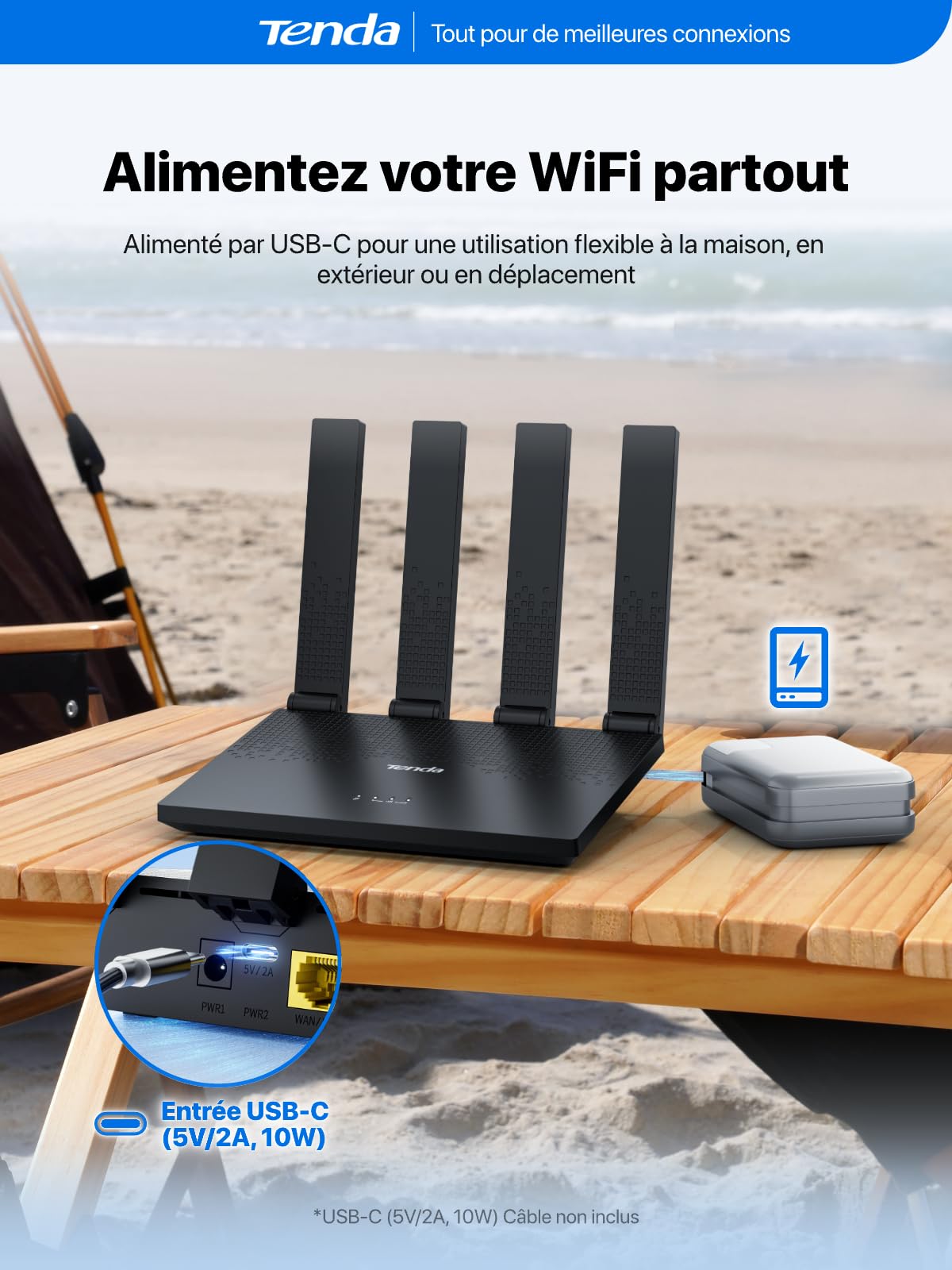 Tenda Routeur 4G avec Carte SIM Box 4G N300 Mobile LTE Cat4 4G03 Pro V2.0 | 4 Antennes Repliables, Alimentation USB-C, LAN/WAN, Plug&Play, 32 Appareils, Portable pour Maison, Camping-car, Voyage