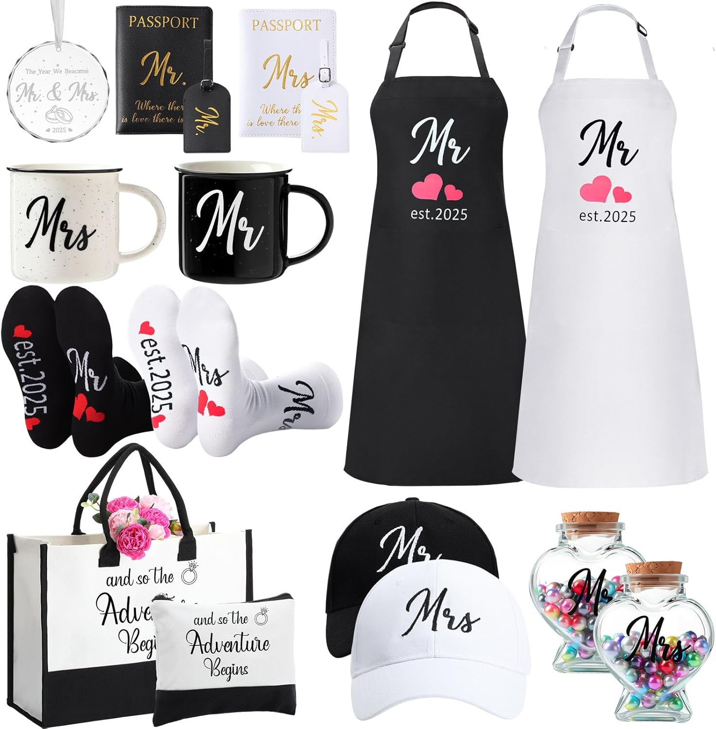 15 Pcs 2025 Wedding Gift Mr and Mrs Gifts for Couples Set, Mr and Mrs Aprons Wedding Honeymoon Bridal Shower Cooking Gifts Ideas for Bride Groom Engagement Anniversary Travel (Adventure)