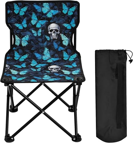 Outdoor Folding Sugar Skull Blue Butterfly Camping Chairs for Adults Portable Camping Chair Lightweight Lawn Chair 202a5070