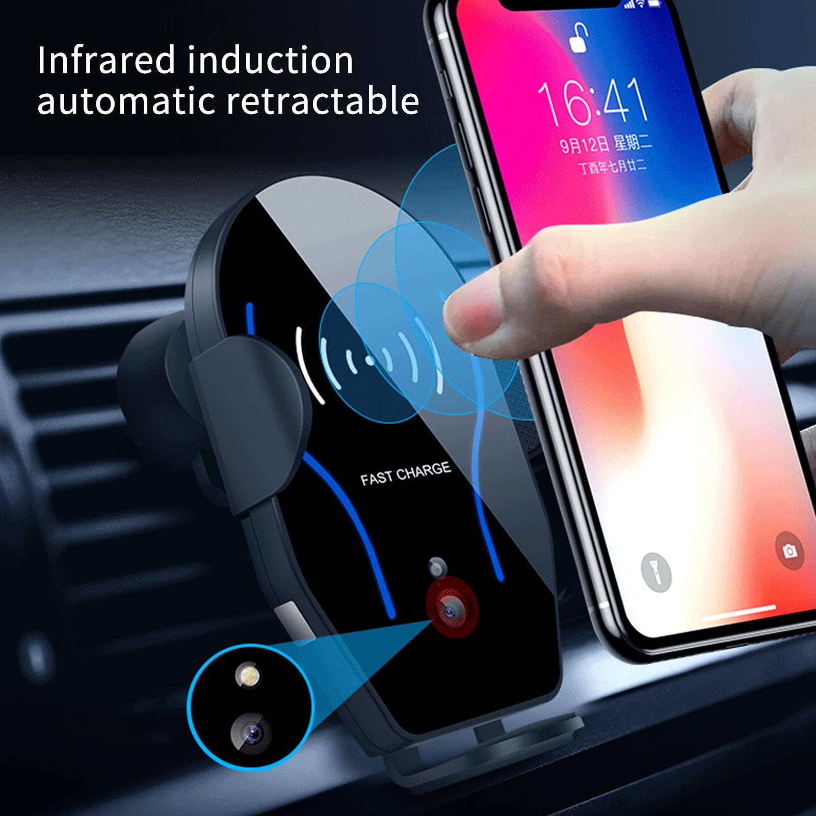 Caricabatterie wireless per auto da 10 W con ricarica rapida Qi, supporto per telefono da cruscotto con sensore di aggancio automatico per bocchetta 'aria, mani libere per una