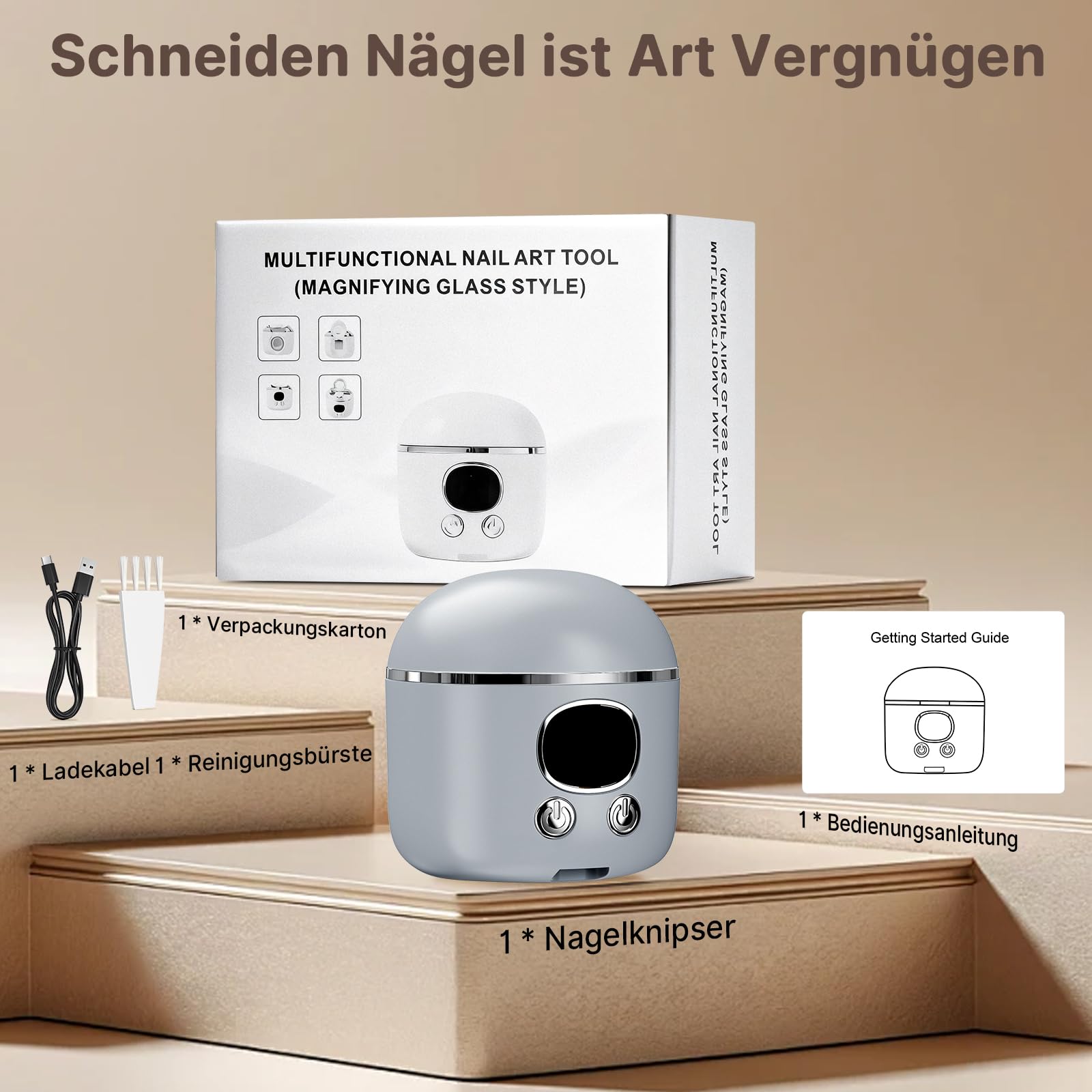 Elektrischer Nagelknipser, 4 in 1 Nagelknipser Elektrisch Mit Led-Licht & Vergrößerungsglas, Doppelklingen für Dünne & Dicke Nägel, 3-Speed, für Senioren & Sehbehinderte-Grau