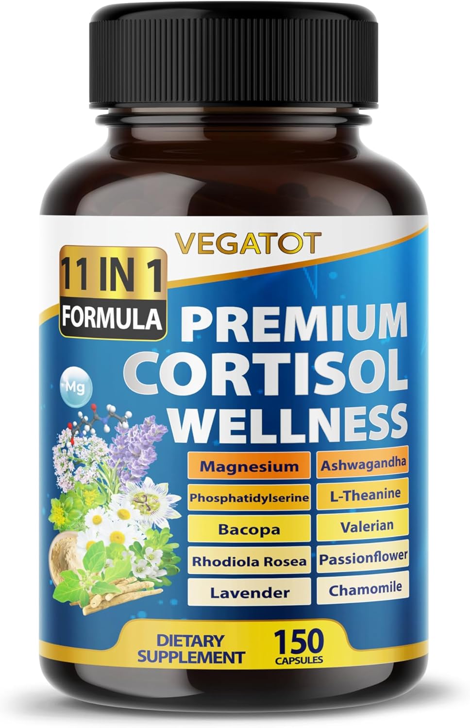 VEGATOT Organic Cortisol Wellness Complex 15-in-1 Formula with Magnesium Ashwagandha St. John's Wort Valerian Rhodiola Rosea Passionflower Chamomile