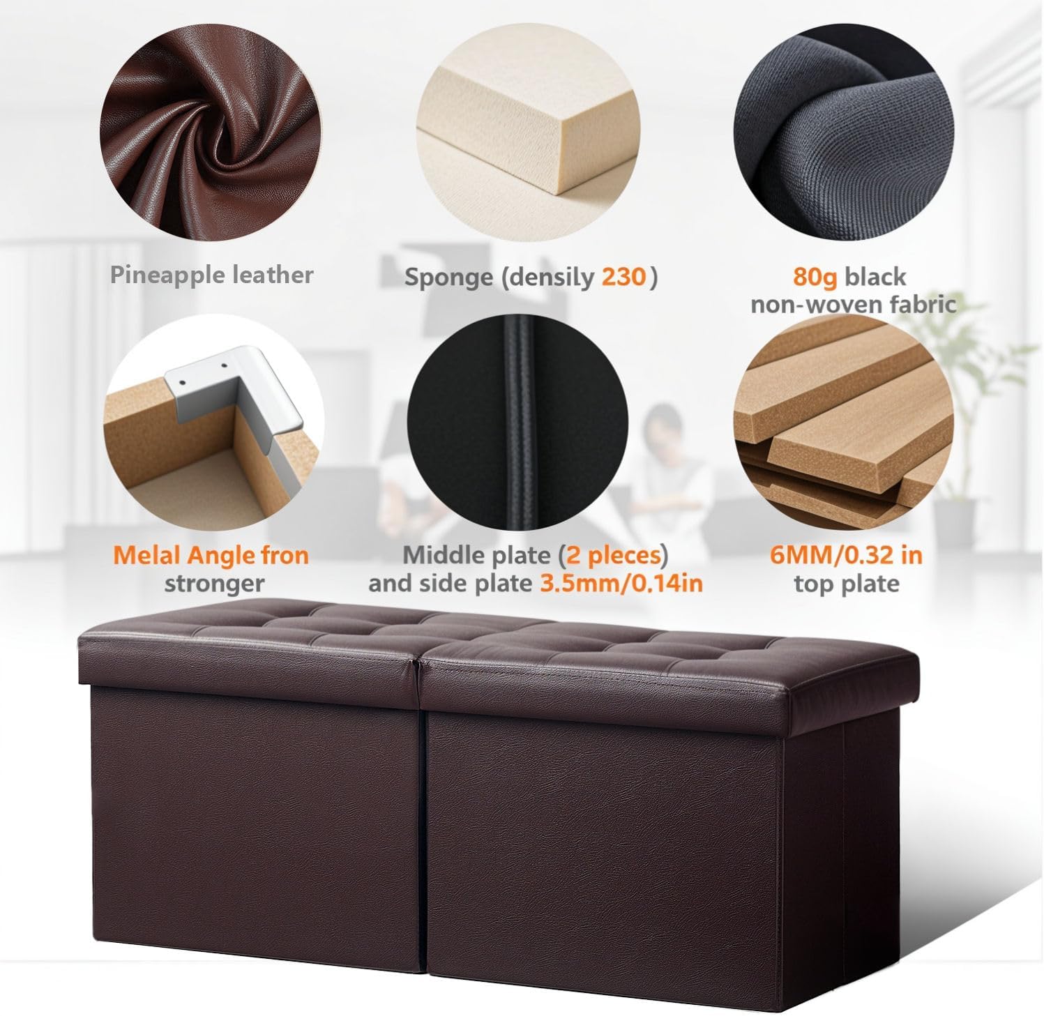 AmasSmile Footrest Ottoman Bench with Storage,34Inch Brown Leather Footstool, Coffee Table, Padded Seat, Storage Chest,Blanket Store with Flipping Lid for Livingroom and Bedroom