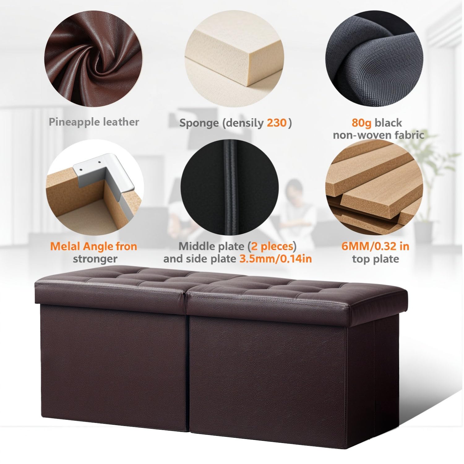 AmasSmile Banco otomano reposapiés con almacenamiento, reposapiés de cuero marrón de 34 pulgadas, mesa de café, asiento acolchado, baúl de almacenamiento, tienda de mantas con tapa abatible para sala
