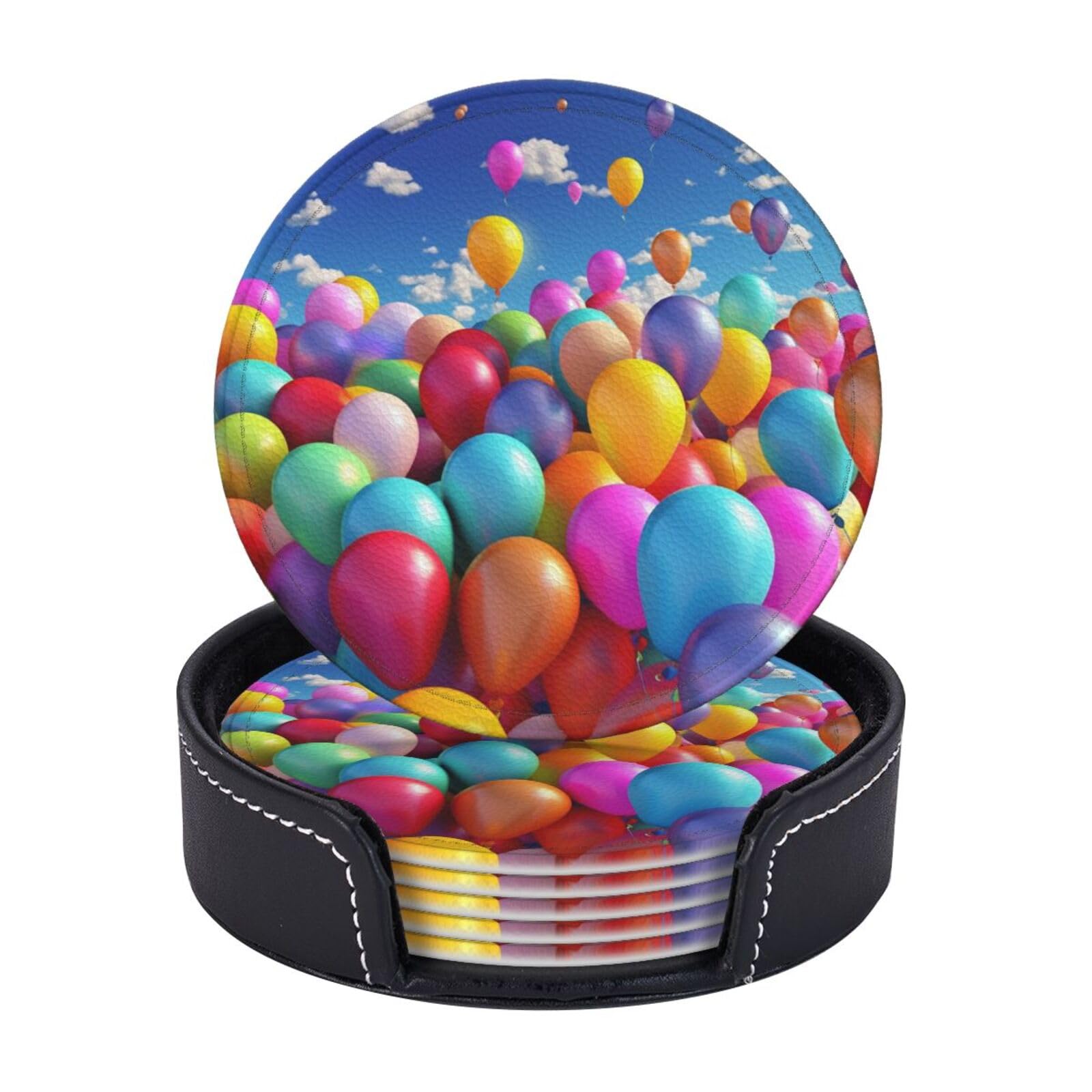 Round Coaster for Drinks Set of 6, PU Leather Coasters with Holder, 4" Drink Coasters for Coffee Table, Colorful Balloons Cup Coaster for Tabletop Protection Drinking Cup Mat