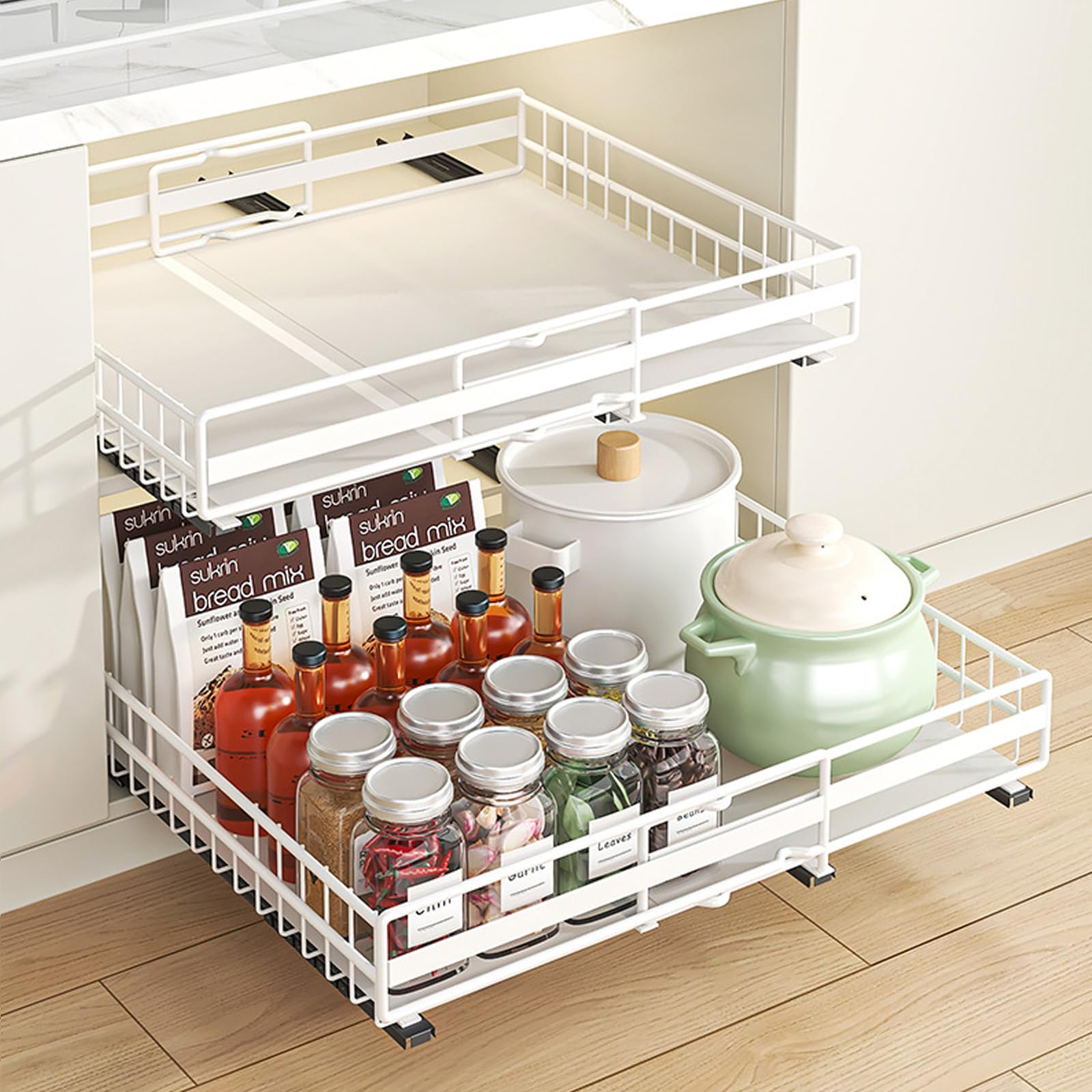 2 pack Organisateur de l'armoire de tirage extensible, organisateur de l'armoire à glissement télescopique pour cuisine, organisateur d'armoire de largeur réglable (blanc)