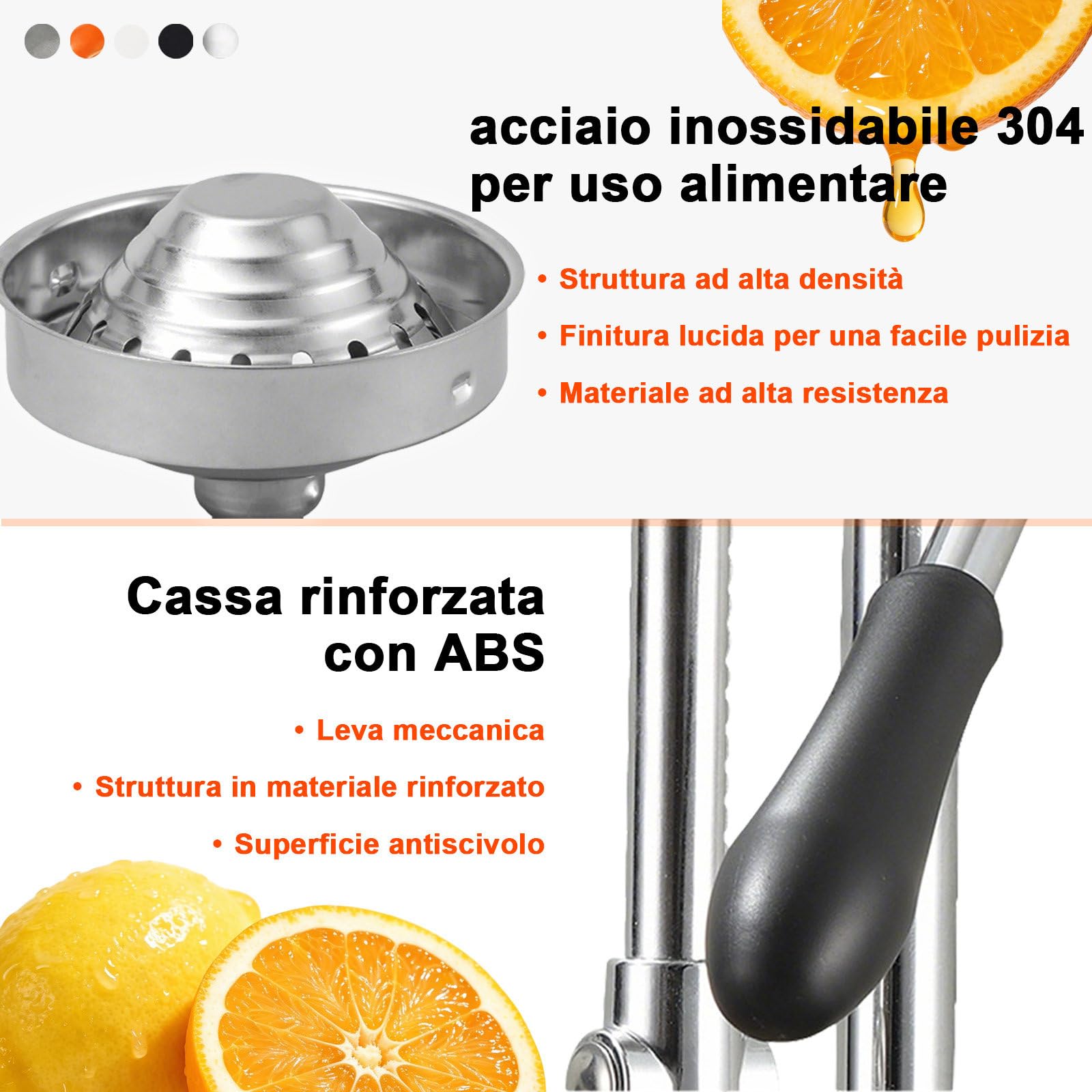Spremiagrumi Manuale Spremiarance, Pressa in Acciaio Inox 304 con Meccanismo a Ingranaggi, Pressa per Frutta in Metallo, Colore Argento Bianco-doppiatesta
