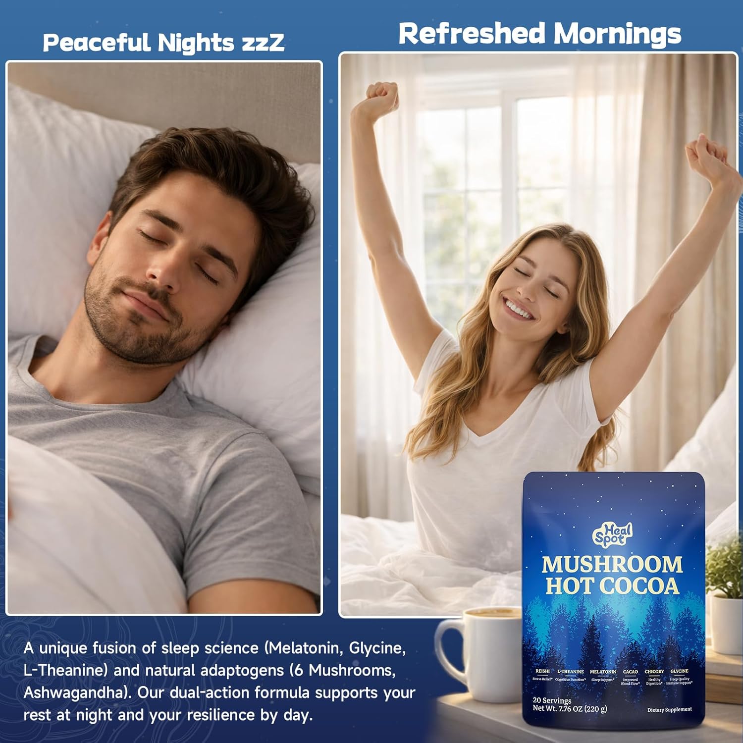 Mushroom Cocoa Sleep Supplement with 6-Mushroom & Adaptogens, Keto Superfood Hot Chocolate with Reishi, Ashwagandha, Melatonin to Support Sleep & Immune Health, Natural Sleep Aid, 7.76 OZ