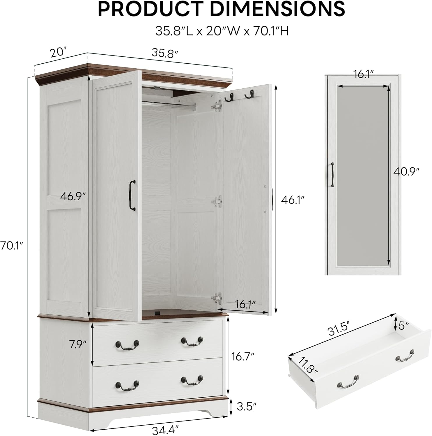 LIKIMIO Armoire Wardrobe Closet with Mirror, 70.1" Wooden Clothing Storage Cabinet with 2 Doors & 2 Drawers, Modern Bedroom Freestanding Wardrobe Combination with Hanging Rod, Cherry with White