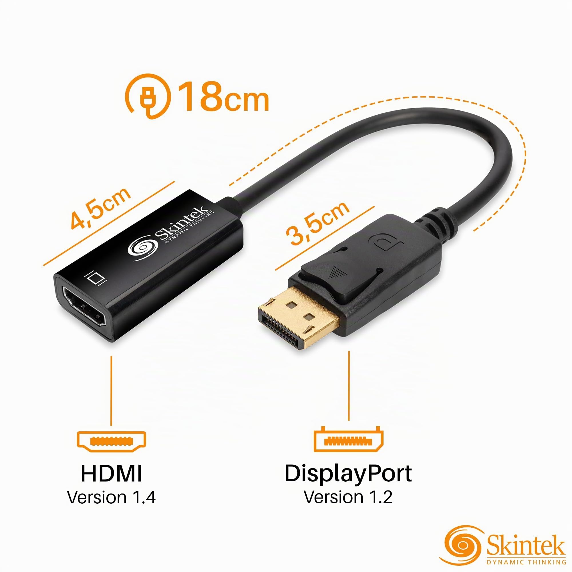 Skintek SK-04-DPH Adaptateur Display Port (DP) vers HDMI, 4K 1080p 60 Hz, mâle-Femelle pour connecter Un PC/Notebook/Mac avec Sortie Display Port à Un Moniteur avec entrée HDMI. Câble de 18 cm.