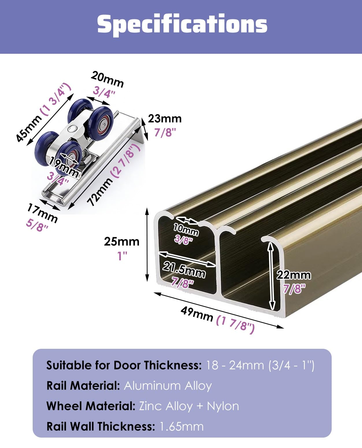 Kit de herrajes para puerta corredera para riel doble redondeado, sistema de puerta corredera de armario, champán, 30 cm de alto, perfecto para puertas de granero y cabinas de madera
