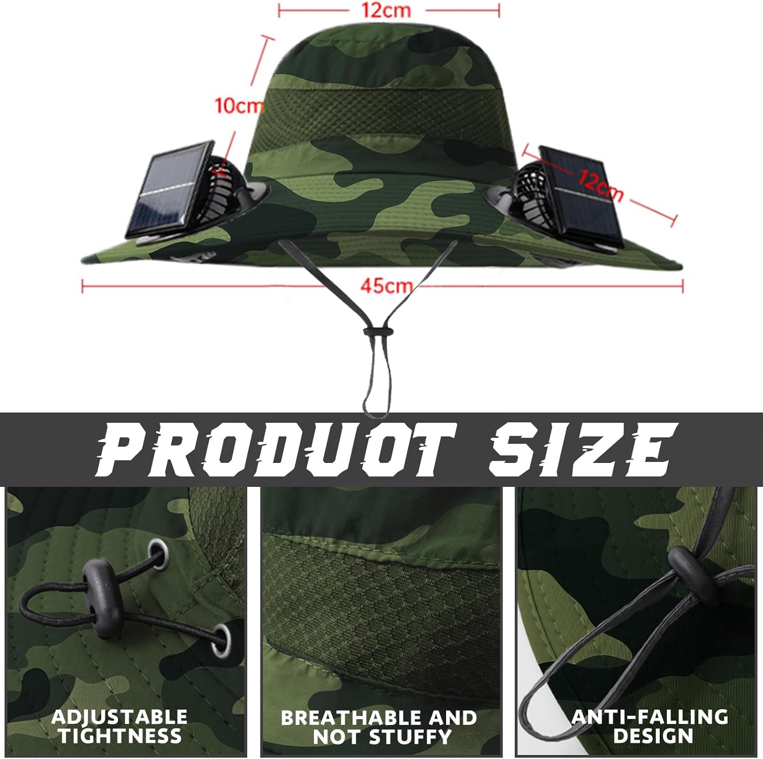 Solar Fan Hat,Wide Brim Sun Cap with 2 Solar Sun Protection Fans,Waterproof UPF 50+ Bucket Fishing Hat with Fan Built in Camouflage - Image 4