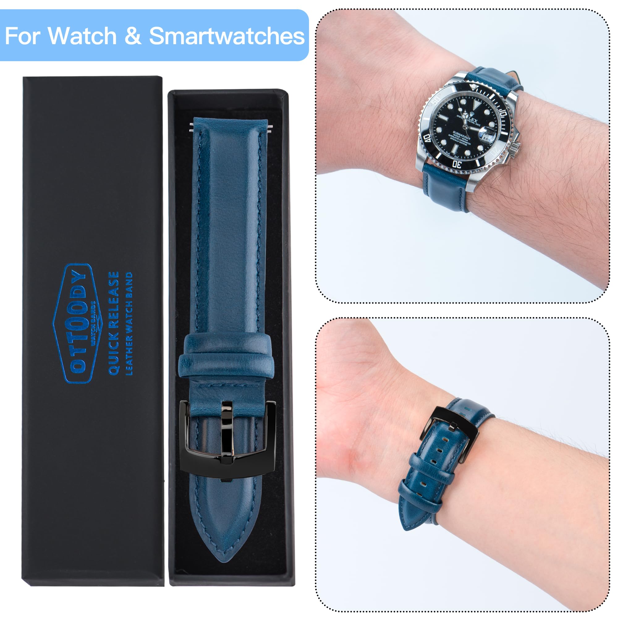 Ottoody Skórzany pasek do zegarka z szybkozłączką, 18, 19, 20, 21, 22 mm, elegancki zamiennik, dla mężczyzn i kobiet, do zegarka i smartwatcha