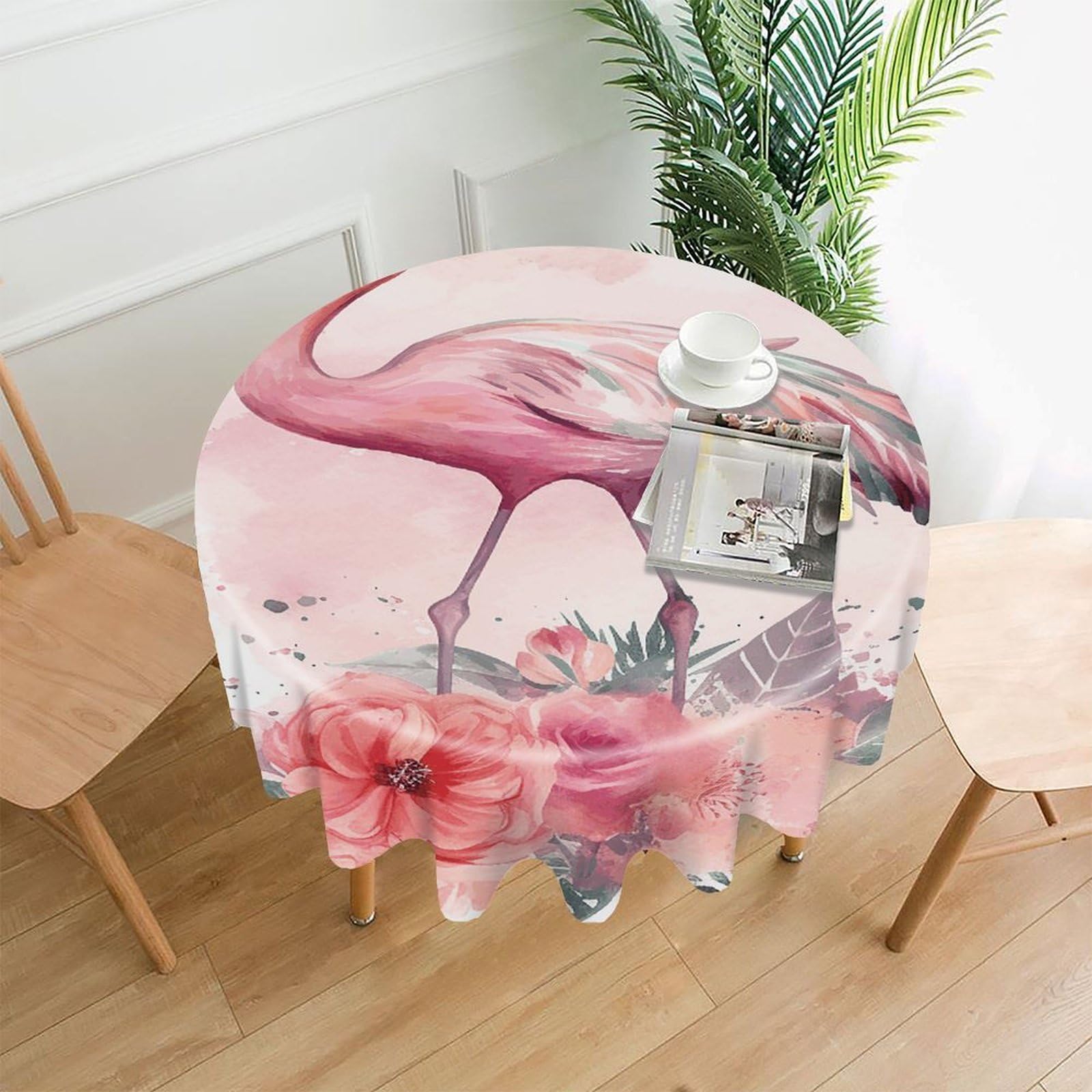 VstaDank Vintage Boho Flamingo Florals Table Cloth Fashions Washable Round Tablecloth Decorative Table Cover Comfortable Straight Edge Tablecover for Dining Kitchen Party Outdoor 60 Inch