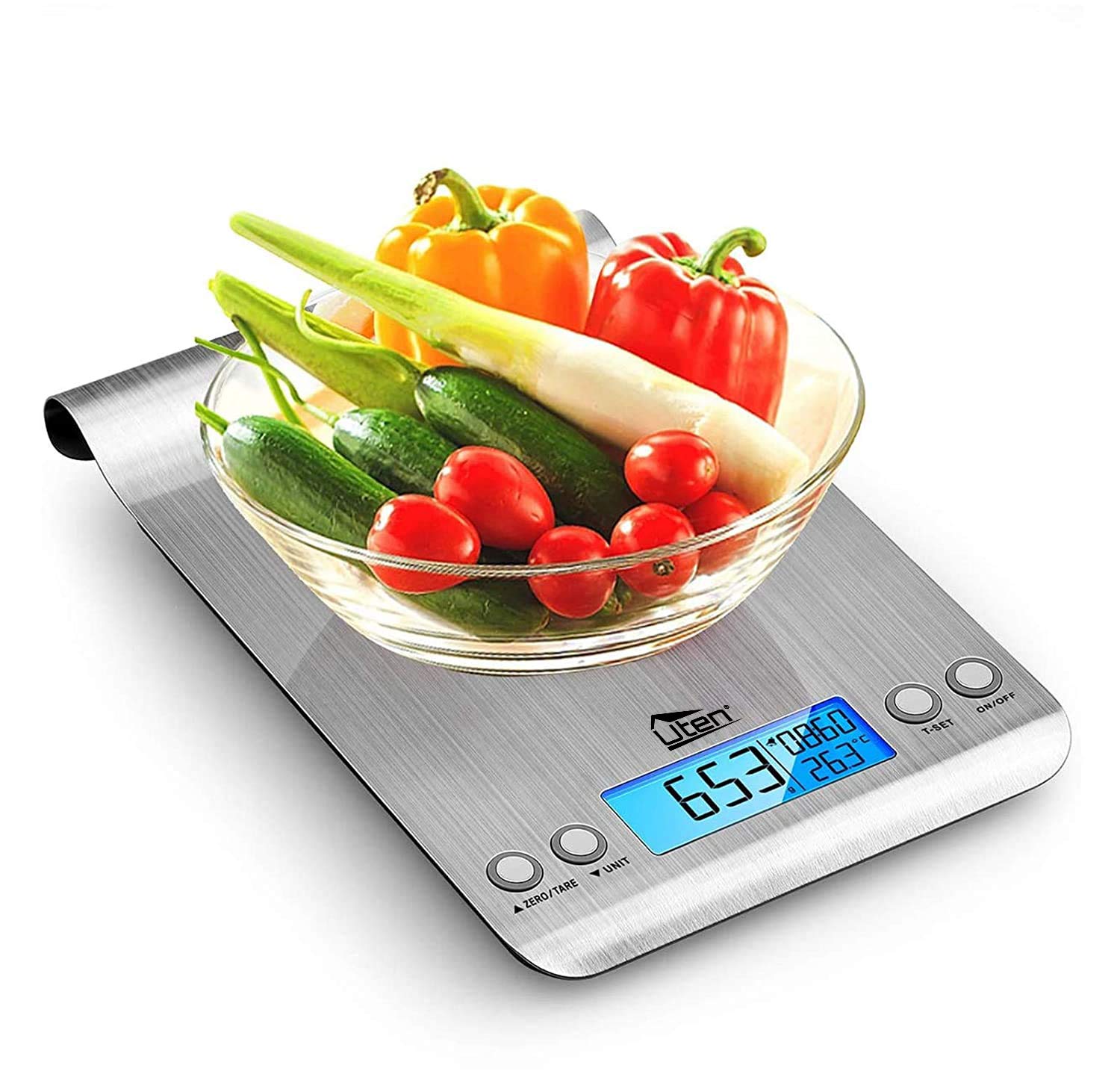 Uten Digital Kitchen Scale with a bowl of fresh vegetables
