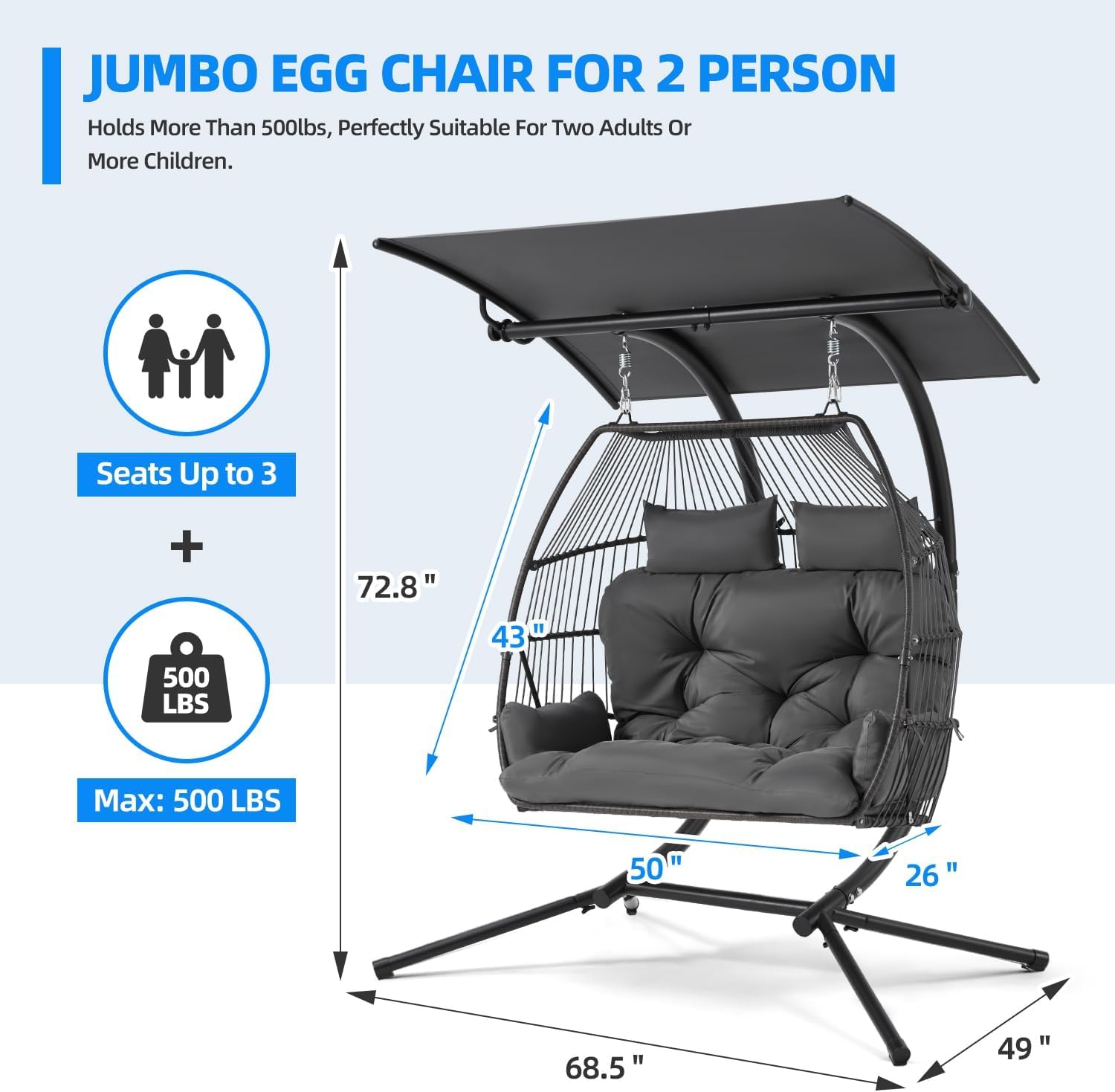 Oversized Double Hanging Swing Chair with Removable & Adjustable Canopy, Double Egg Chair, Outdoor Hammock Egg Chair with Cushion & Basket, Swinging Loveseat for Patio, Balcony, Garden