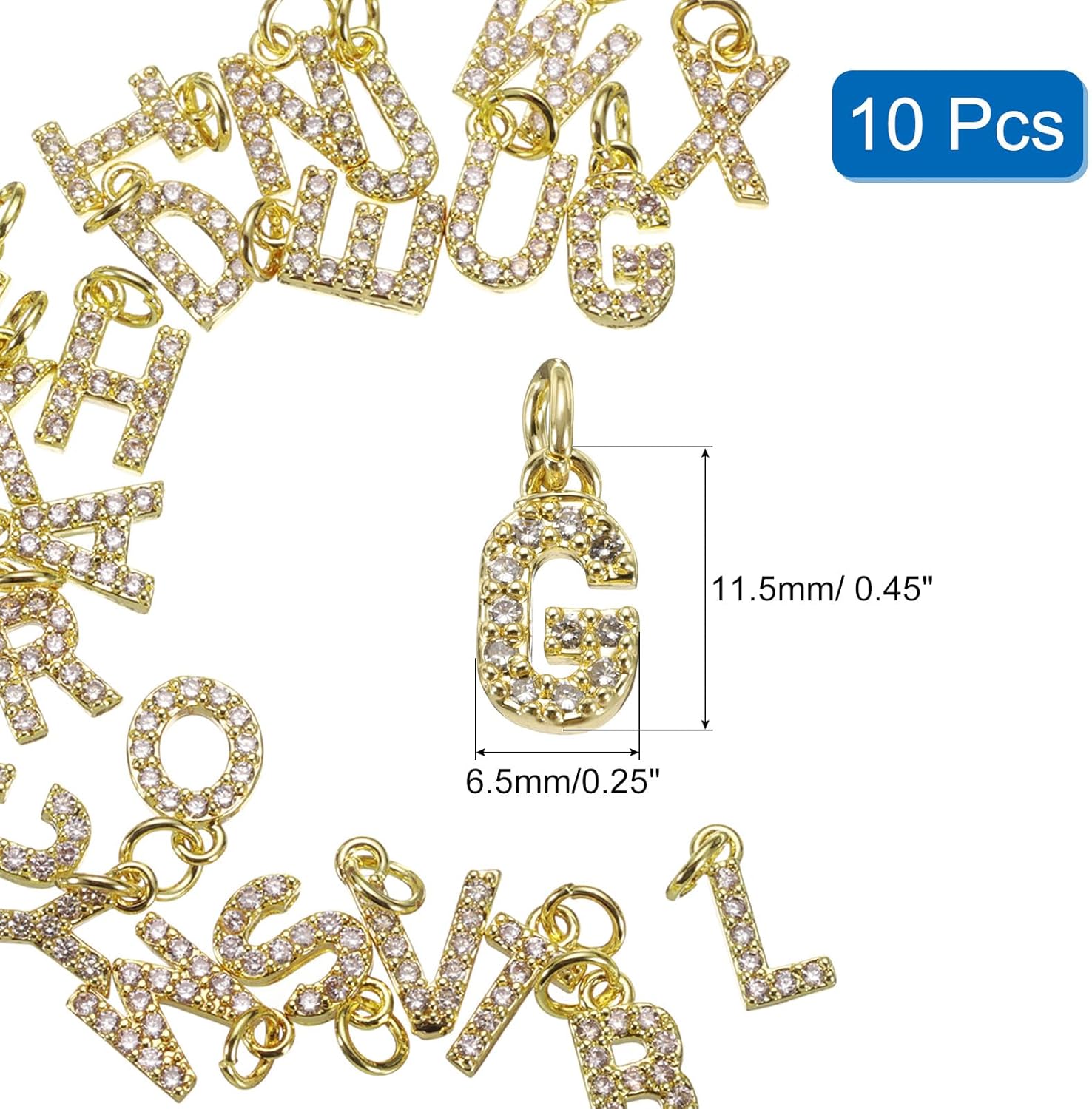 uxcell Rhinestone Letter Charm, 10pcs Crystal Zirconia Copper Alphabet g Pendants Slider Letter Charm for Wristbands Bracelets Necklace Jewelry Earring DIY Craft, Gold - Image 2