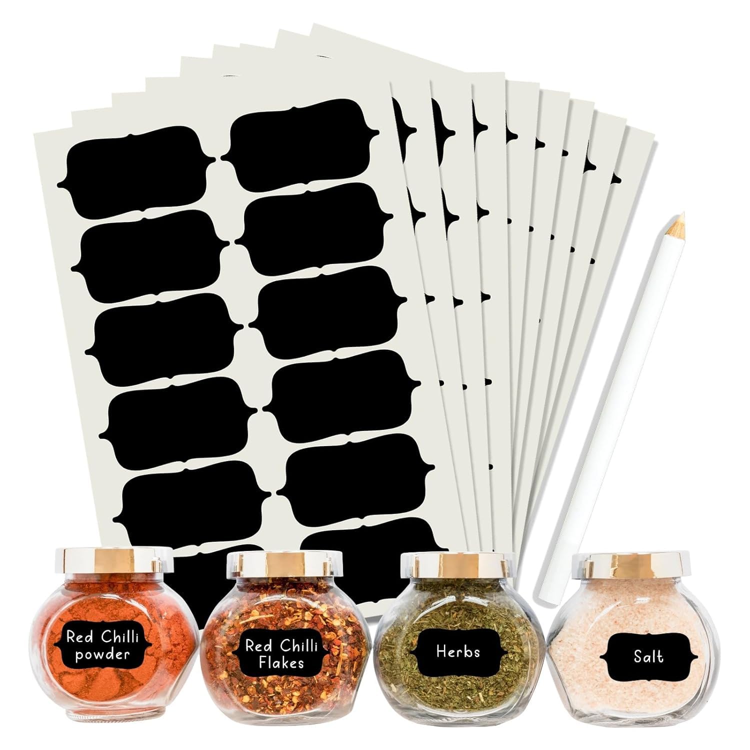 Fliptic 96 Piece Waterproof Vinyl Black Labels Stickers for Mason Jar Glass & Plastic Bottles, 96 Labels Piece Stickers with 1 Piece White Pencil, Self-Adhesive Spice-image-45