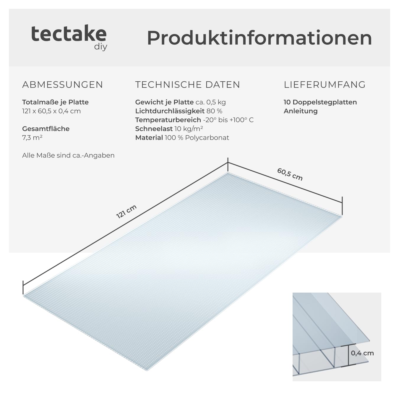 tectake® Polycarbonat Doppelstegplatten, 10x Platte, UV-beständige Kunststoffpaneele, Stegplatten Kunststoffplatte Gewächshaus, Terrassenüberdachung, Frühbeetaufsatz - 121 x 60,5 x 0,4 cm