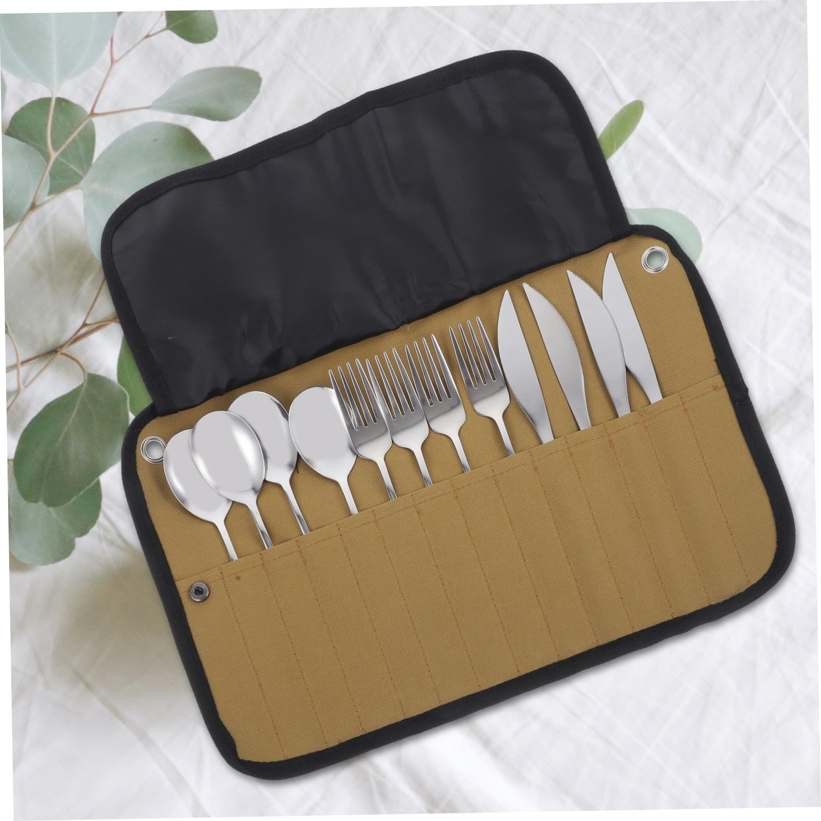 POPETPOP Set Couverts Camping Kit Couverts Voyage Pochette Roulable Vaisselle Pique-ustensiles Plein Air Pochette Rangement Service