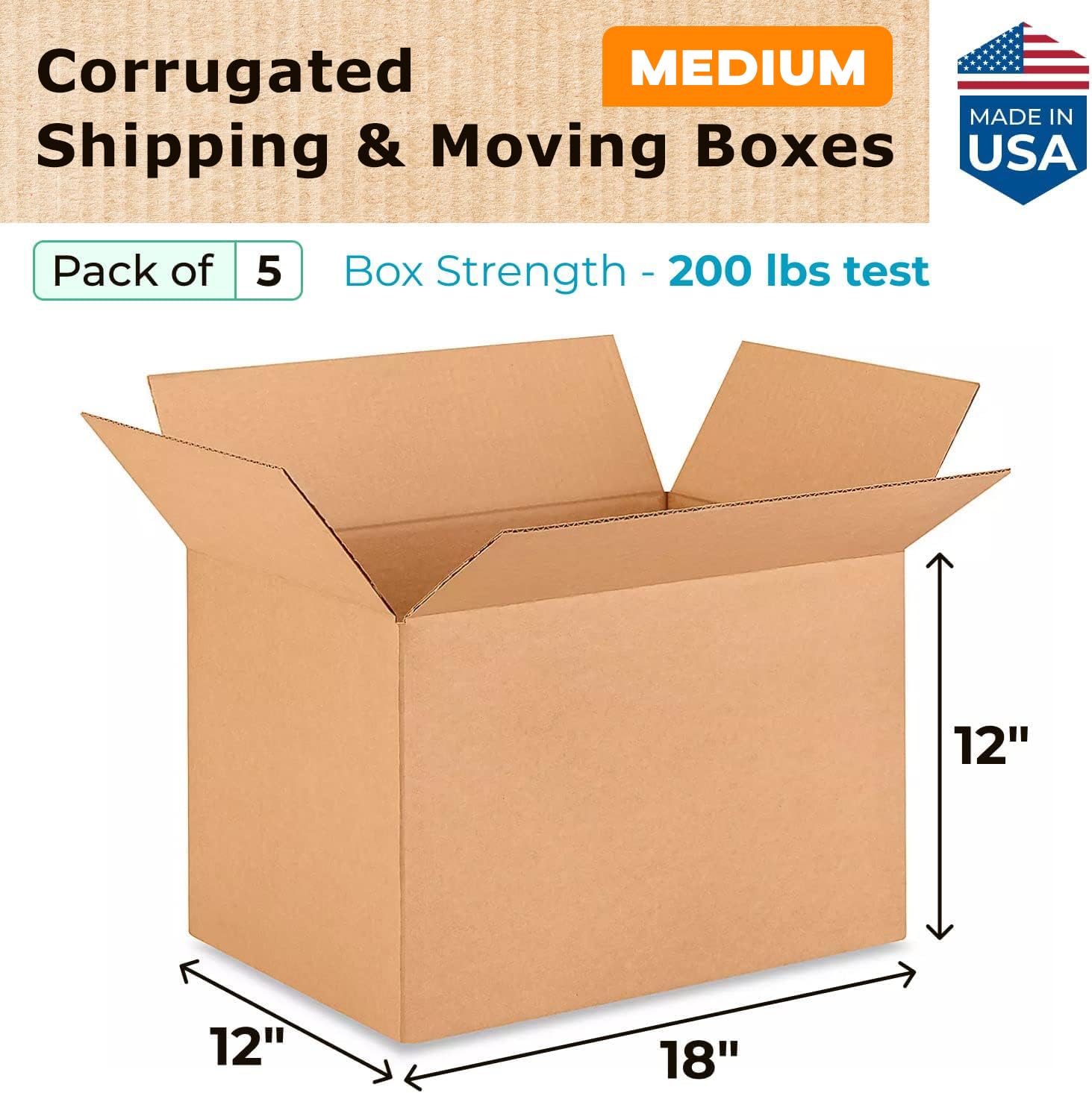 Medium Shipping & Moving Boxes 18 x 12 x 12 inches (5-Pack) - Extra Strength 200 lb vs Regular - USA-Made Corrugated Moving Boxes for USPS/FEDEX - Corrugated Medium Size Moving Box by IDL Packaging