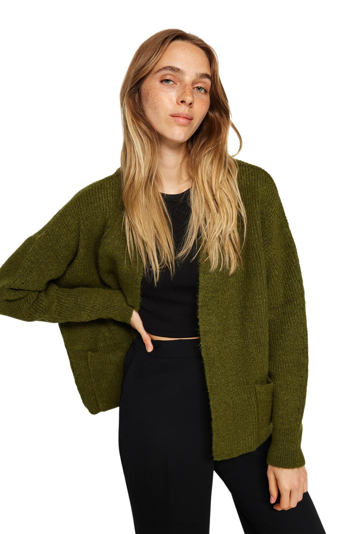 Trendyol FeMan Oversize Basic V Neck Knitwear Cardigan,Khaki,S